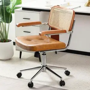 Rattan Office Chairs, Modern Rattan Desk Chair with Natural Back & Wood Armrest, Small Upholstered Tufted Leather Home Office Desk Chairs for Home Ofice, Bedroom, Study, Brown Rattan Office Chairs, Modern Rattan Desk Chair with Natural Back & Wood Armrest, Small Upholstered Tufted Leather Home Office Desk Chairs for Home Ofice, Bedroom, Study, Brown