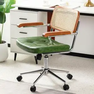 Rattan Office Chairs, Modern Rattan Desk Chair with Natural Back & Wood Armrest, Small Upholstered Tufted Leather Home Office Desk Chairs for Home Office, Bedroom, Study, Green Rattan Office Chairs, Modern Rattan Desk Chair with Natural Back & Wood Armrest, Small Upholstered Tufted Leather Home Office Desk Chairs for Home Office, Bedroom, Study, Green