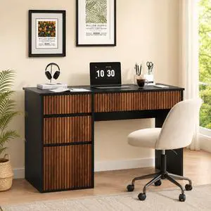 Computer Desk with Drawers, 48 Inch Fluted Small Desk with Storage for Small Spaces, Wood Home Office Desk for Study, Living Room, Bedroom, Black Computer Desk with Drawers, 48 Inch Fluted Small Desk with Storage for Small Spaces, Wood Home Office Desk for Study, Living Room, Bedroom, Black