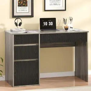 Computer Desk with Drawers, 48 Inch Fluted Small Desk with Storage, Wood Home Office Desk for Study, Living Room, Bedroom, Grey Computer Desk with Drawers, 48 Inch Fluted Small Desk with Storage, Wood Home Office Desk for Study, Living Room, Bedroom, Grey