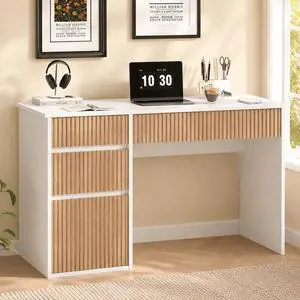 White Desk with Drawers, 48 Inch Small Computer Desk with Storage for Small Spaces, Wood Home Office Desk for Study, Living Room, Bedroom, White White Desk with Drawers, 48 Inch Small Computer Desk with Storage for Small Spaces, Wood Home Office Desk for Study, Living Room, Bedroom, White