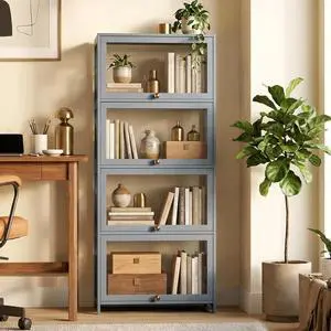 Display Cabinet, 4-Tier Curio Cabinet with Acrylic Doors | 55" Tall, 33Lbs per Shelf, Flip-up Door w/ Hidden Recess, for Collectibles, Living Room, Grey Display Cabinet, 4-Tier Curio Cabinet with Acrylic Doors | 55" Tall, 33Lbs per Shelf, Flip-up Door w/ Hidden Recess, for Collectibles, Living Room, Grey