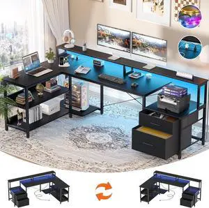 L Shaped Desk with Power Outlet, Reversible L Shaped Computer Desk with File Drawer & Monitor Stand, Gaming Desks with LED Strip, Home Office Desks with Storage Shelf,1Black L Shaped Desk with Power Outlet, Reversible L Shaped Computer Desk with File Drawer & Monitor Stand, Gaming Desks with LED Strip, Home Office Desks with Storage Shelf,1Black