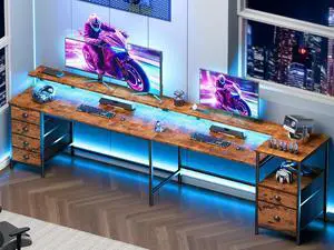 95" Two Person Computer Gaming Desk, Long 2 Person Home Office Desk with 6 Drawers & Storage Shelves, Double Table with Power Outlets, LED Lights and Full Monitor Shelf, Rustic Brown 95" Two Person Computer Gaming Desk, Long 2 Person Home Office Desk with 6 Drawers & Storage Shelves, Double Table with Power Outlets, LED Lights and Full Monitor Shelf, Rustic Brown