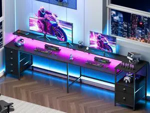 95" Two Person Computer Gaming Desk, Long 2 Person Home Office Desk with 6 Drawers & Storage Shelves, Double Table with Power Outlets, LED Lights and Full Monitor Shelf, Black 95" Two Person Computer Gaming Desk, Long 2 Person Home Office Desk with 6 Drawers & Storage Shelves, Double Table with Power Outlets, LED Lights and Full Monitor Shelf, Black