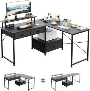 L Shaped Computer Desk, 78.7" Reversible Home Office Desk with Printer Storage Shelf & 3 Fabric Drawers, Two Person Desk with LED Lights & Power Outlet, Corner Gaming Desk with Monitor Shelf, Black L Shaped Computer Desk, 78.7" Reversible Home Office Desk with Printer Storage Shelf & 3 Fabric Drawers, Two Person Desk with LED Lights & Power Outlet, Corner Gaming Desk with Monitor Shelf, Black