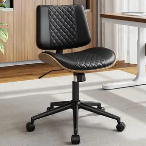 Armless Office Chair, Mid Century Modern Desk Chair with Walnut Wood Back & SGS Level 3 Gas Lift, Swivel PU Leather Computer Chair for Small Space, Home Office, Bedroom, 300lbs Cap, Black Armless Office Chair, Mid Century Modern Desk Chair with Walnut Wood Back & SGS Level 3 Gas Lift, Swivel PU Leather Computer Chair for Small Space, Home Office, Bedroom, 300lbs Cap, Black