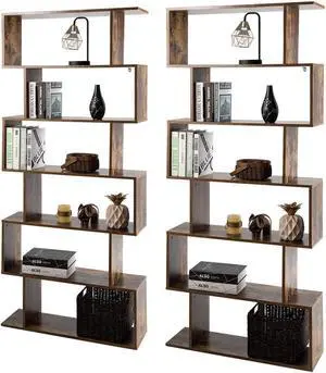 6-Tier Geometric Bookcase, Modern S-Shaped Storage Display Bookshelf for Living Room, Anti-Toppling Device, Home Office Wooden 6 Shelf Open Bookcase (2, Coffee) 6-Tier Geometric Bookcase, Modern S-Shaped Storage Display Bookshelf for Living Room, Anti-Toppling Device, Home Office Wooden 6 Shelf Open Bookcase (2, Coffee)