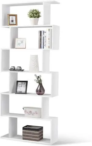 6-Tier Geometric Bookcase, Modern S-Shaped Storage Display Bookshelf for Living Room, Anti-Toppling Device, Home Office Wooden 6 Shelf Open Bookcase (1, White) 6-Tier Geometric Bookcase, Modern S-Shaped Storage Display Bookshelf for Living Room, Anti-Toppling Device, Home Office Wooden 6 Shelf Open Bookcase (1, White)