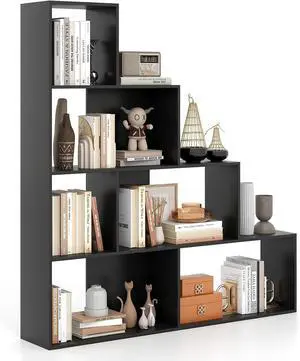 4-Tier Stepped Bookshelf, Freestanding 6 Cubes Ladder Bookcase with Anti-Tipping Kits, 64" Tall Modern Wooden Storage Display Rack for Home Office Living Room Study (1, Black) 4-Tier Stepped Bookshelf, Freestanding 6 Cubes Ladder Bookcase with Anti-Tipping Kits, 64" Tall Modern Wooden Storage Display Rack for Home Office Living Room Study (1, Black)