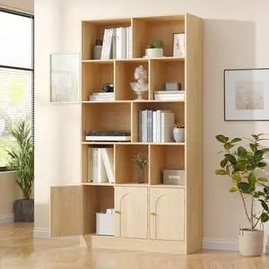 71" Tall Bookshelf with 10 Cubes and 3 Doors, 4-Tier Bookshelf, Open Shelf Bookcase with Cabinet, Modern Cube Storage Organizer for Living Room, and Office, Natural Wood Color 71" Tall Bookshelf with 10 Cubes and 3 Doors, 4-Tier Bookshelf, Open Shelf Bookcase with Cabinet, Modern Cube Storage Organizer for Living Room, and Office, Natural Wood Color