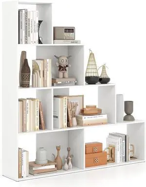 4-Tier Stepped Bookshelf, Freestanding 6 Cubes Ladder Bookcase with Anti-Tipping Kits, 64" Tall Modern Wooden Storage Display Rack for Home Office Living Room Study (1, White) 4-Tier Stepped Bookshelf, Freestanding 6 Cubes Ladder Bookcase with Anti-Tipping Kits, 64" Tall Modern Wooden Storage Display Rack for Home Office Living Room Study (1, White)