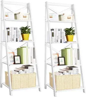 4-Tier Ladder Shelf Bookcase Leaning Free Standing Wooden Frame Decor Bookshelf Storage Flower Shelf Plant Display Shelf for Home Office (White, 2) 4-Tier Ladder Shelf Bookcase Leaning Free Standing Wooden Frame Decor Bookshelf Storage Flower Shelf Plant Display Shelf for Home Office (White, 2)