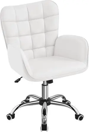 Modern Faux Leather Office Chair Ergonomic Adjustable Makeup Chair with Padded Armrests Big Seat for Office, Bedroom, Living Room, White Modern Faux Leather Office Chair Ergonomic Adjustable Makeup Chair with Padded Armrests Big Seat for Office, Bedroom, Living Room, White