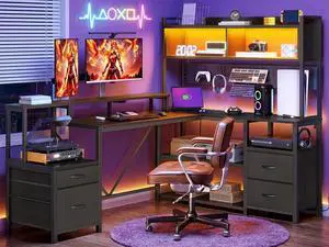 75" L Shaped Gaming Desk with Drawers, Computer Corner Desk with Storage Shelves for Home Office, Gaming Desk with Monitor Stand, Hutch, LED Light & Power Outlet, Black 75" L Shaped Gaming Desk with Drawers, Computer Corner Desk with Storage Shelves for Home Office, Gaming Desk with Monitor Stand, Hutch, LED Light & Power Outlet, Black