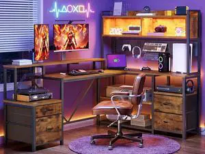 75" L Shaped Gaming Desk with Drawers, Computer Corner Desk with Storage Shelves for Home Office, Gaming Desk with Monitor Stand, Hutch, LED Light & Power Outlet, Rustic Brown and Black 75" L Shaped Gaming Desk with Drawers, Computer Corner Desk with Storage Shelves for Home Office, Gaming Desk with Monitor Stand, Hutch, LED Light & Power Outlet, Rustic Brown and Black