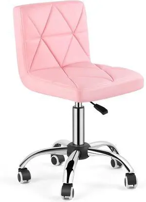 Armless Desk Chair, Mid Back Swivel Office Chair, Adjustable Task Chair with Rolling Wheels and Diamond Pattern, for Home Computer Barber, Pink Armless Desk Chair, Mid Back Swivel Office Chair, Adjustable Task Chair with Rolling Wheels and Diamond Pattern, for Home Computer Barber, Pink