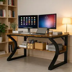 Computer Desk 55 Inch Large Computer Desk with Storage Shelf Home Office Desk with C Shaped Metal Frame Writing Work Study Student Home Bedroom Office (Brown, 55inch) Computer Desk 55 Inch Large Computer Desk with Storage Shelf Home Office Desk with C Shaped Metal Frame Writing Work Study Student Home Bedroom Office (Brown, 55inch)
