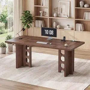 63 Inch Executive Office Desk, Large Computer Office Desks with Power Outlet, Modern Laptop Desk Writing Table Workstation Business Furniture for Home Office, Brown 63 Inch Executive Office Desk, Large Computer Office Desks with Power Outlet, Modern Laptop Desk Writing Table Workstation Business Furniture for Home Office, Brown