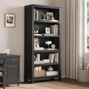 71" Farmhouse Bookshelf w/Adjustable Shelves & 31.5 in Whidth, 5 Tier Tall Bookshelf with Wooden Legs, Vintage Wooedn Book Shelf for Living Room Office (Black, 71.3" H x 31.5" W x 11.8" D) 71" Farmhouse Bookshelf w/Adjustable Shelves & 31.5 in Whidth, 5 Tier Tall Bookshelf with Wooden Legs, Vintage Wooedn Book Shelf for Living Room Office (Black, 71.3" H x 31.5" W x 11.8" D)
