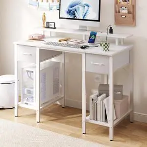 White Computer Desk with Drawers, 42 Inch Home Office Desk Study Writing Table, Gaming Desk with USB Power Outlets, Office Desk with Fabric Drawer, Work Table with Shelf for Bedroom, White White Computer Desk with Drawers, 42 Inch Home Office Desk Study Writing Table, Gaming Desk with USB Power Outlets, Office Desk with Fabric Drawer, Work Table with Shelf for Bedroom, White