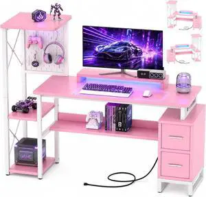 Computer Desk with 2 Fabric Drawers - Reversible Home Office Desk with Power Outlet & LED Lights, 53" Writing Desk with Monitor Stand & Storage Shelves, Gaming Desk Study Table with Pegboard, Pink Computer Desk with 2 Fabric Drawers - Reversible Home Office Desk with Power Outlet & LED Lights, 53" Writing Desk with Monitor Stand & Storage Shelves, Gaming Desk Study Table with Pegboard, Pink