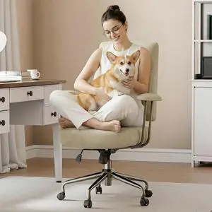 Becky Home Office Desk Chairs Leather, Comfy Office Chair with Lumbar Support and Arms, Mid-Back, Comfortable Thick Cushion, Mid-Century Modern, Height Adjustable, Off-White Becky Home Office Desk Chairs Leather, Comfy Office Chair with Lumbar Support and Arms, Mid-Back, Comfortable Thick Cushion, Mid-Century Modern, Height Adjustable, Off-White