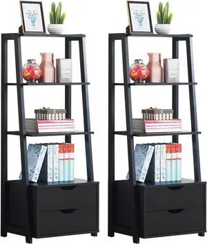 4-Tier Ladder Shelf with 2 Drawers, 52.5" Tall Freestanding Bookcase, Shelving Unit Display Rack with Storage for Living Room, Home Office (2, Black) 4-Tier Ladder Shelf with 2 Drawers, 52.5" Tall Freestanding Bookcase, Shelving Unit Display Rack with Storage for Living Room, Home Office (2, Black)