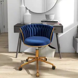 Velvet Desk Chair, Modern Office Chair with Wheels, Home Swivel Vanity Armchair with Woven Back Comfy Height Adjustable Seat Sturdy Golden Metal Rolling Base for Makeup Bedroom, Dark Blue Velvet Desk Chair, Modern Office Chair with Wheels, Home Swivel Vanity Armchair with Woven Back Comfy Height Adjustable Seat Sturdy Golden Metal Rolling Base for Makeup Bedroom, Dark Blue