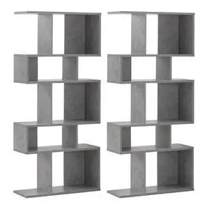 5-Tier Geometric Bookshelf Set of 2, 70'' Tall Wood Freestanding Decorative Display Open Shelves with Anti-Tipping Device, Each Shelf Holds up to 44 lbs, Wooden S Shaped Bookcase, Gray 5-Tier Geometric Bookshelf Set of 2, 70'' Tall Wood Freestanding Decorative Display Open Shelves with Anti-Tipping Device, Each Shelf Holds up to 44 lbs, Wooden S Shaped Bookcase, Gray