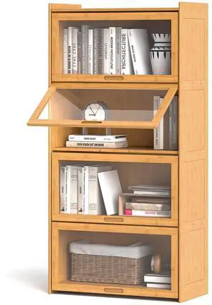 4-Tier Bookcase with Clear Doors, 55" Bamboo Bookshelf with Flip-up Acrylic Doors, Freestanding Cube Storage Organizer with Shelves, Solid Wooden Display Cabinet for Living Room, Study,Natural 4-Tier Bookcase with Clear Doors, 55" Bamboo Bookshelf with Flip-up Acrylic Doors, Freestanding Cube Storage Organizer with Shelves, Solid Wooden Display Cabinet for Living Room, Study,Natural
