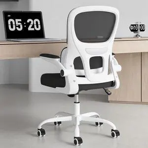 Office Chair, Mesh Ergonomic Office Chair with Lumbar Support, Comfy Swivel Computer Desk Chair with Flip Armrest Rolling Wheels for Home Study Room Office, White & Black Office Chair, Mesh Ergonomic Office Chair with Lumbar Support, Comfy Swivel Computer Desk Chair with Flip Armrest Rolling Wheels for Home Study Room Office, White & Black