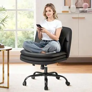 Criss Cross Legged Office Chair with Wheels, Armless Extra Wide Seat Swivel Desk Chair, Adjustable Height Comfy Task Chair with Thick Cushion for Home Office Bedroom Vanity (PU Leather, Black) Criss Cross Legged Office Chair with Wheels, Armless Extra Wide Seat Swivel Desk Chair, Adjustable Height Comfy Task Chair with Thick Cushion for Home Office Bedroom Vanity (PU Leather, Black)