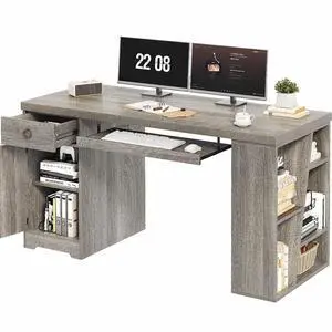 55" Office Computer Desk with Drawers, Farmhouse Grey Executive Desk with Storage Shelves and Cabinet, Modern Wooden Computer Table Teacher Desks with Keyboard Tray for Home Writing Work Study 55" Office Computer Desk with Drawers, Farmhouse Grey Executive Desk with Storage Shelves and Cabinet, Modern Wooden Computer Table Teacher Desks with Keyboard Tray for Home Writing Work Study