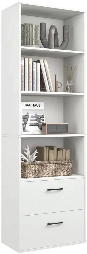 4 Shelf Bookcase with 2 Drawers, 74 Inch 4 Tiers Tall Open Bookshelf with 2 Slide-Out Drawers, Anti-toppling Device, Freestanding Wood Storage Shelf for Home Office (White, 74" H) 4 Shelf Bookcase with 2 Drawers, 74 Inch 4 Tiers Tall Open Bookshelf with 2 Slide-Out Drawers, Anti-toppling Device, Freestanding Wood Storage Shelf for Home Office (White, 74" H)