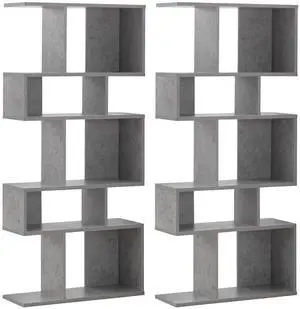 5-Tier Geometric Bookshelf Set of 2, 70'' Tall Wood Freestanding Decorative Display Open Shelves with Anti-Tipping Device, Each Shelf Holds up to 44 lbs, Wooden S Shaped Bookcase, Gray 5-Tier Geometric Bookshelf Set of 2, 70'' Tall Wood Freestanding Decorative Display Open Shelves with Anti-Tipping Device, Each Shelf Holds up to 44 lbs, Wooden S Shaped Bookcase, Gray