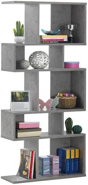 5-Tier Geometric Bookshelf, 70" Tall Wood Freestanding Decorative Display Open Shelves with Anti-Tipping Device, Each Shelf Holds up to 44 lbs, Wooden S Shaped Bookcase, Gray 5-Tier Geometric Bookshelf, 70" Tall Wood Freestanding Decorative Display Open Shelves with Anti-Tipping Device, Each Shelf Holds up to 44 lbs, Wooden S Shaped Bookcase, Gray