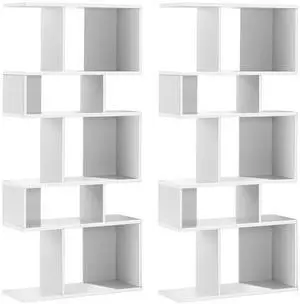 5-Tier Geometric Bookshelf White Set of 2, 70'' Tall Wood Freestanding Decorative Display Open Shelves with Anti-Tipping Device, Each Shelf Holds up to 44 lbs, Wooden S Shaped Bookcase 5-Tier Geometric Bookshelf White Set of 2, 70'' Tall Wood Freestanding Decorative Display Open Shelves with Anti-Tipping Device, Each Shelf Holds up to 44 lbs, Wooden S Shaped Bookcase