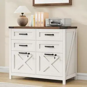 Lateral File Cabinet with 6 Drawers, Farmhouse File Cabinet with Lock for Letter/A4 Size, Large Wood File Storage Cabinets Printer Stand for Home Office Cabinets, Rustic White Lateral File Cabinet with 6 Drawers, Farmhouse File Cabinet with Lock for Letter/A4 Size, Large Wood File Storage Cabinets Printer Stand for Home Office Cabinets, Rustic White