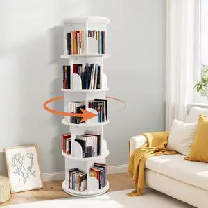 Wooden Rotating Bookshelf, White, 5 Tier | 360° Spinning, For Kids & Small Spaces, Corner Shelf Storage Organizer, Multi-Functional Wooden Rotating Bookshelf, White, 5 Tier | 360° Spinning, For Kids & Small Spaces, Corner Shelf Storage Organizer, Multi-Functional