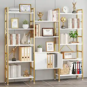 Bookshelf Triple Wide 5 Tier Bookcases with Storage Cabinet, Industrial Large Modern Tall Bookshelves with 12 Open Display Shelves for Living Room Office Bedroom, White and Gold Bookshelf Triple Wide 5 Tier Bookcases with Storage Cabinet, Industrial Large Modern Tall Bookshelves with 12 Open Display Shelves for Living Room Office Bedroom, White and Gold