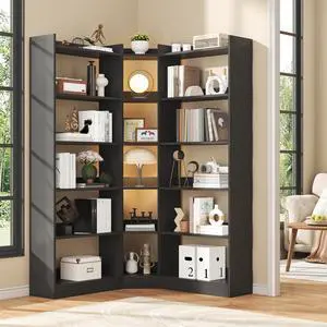 6 Tiers Corner Bookshelf, 63.1" Tall Modern Corner Etagere Bookcase Storage Display Rack Book Shelf with Baffle, Industrial L Shaped Bookshelves for Bedroom, Home Office, Living Room, Black 6 Tiers Corner Bookshelf, 63.1" Tall Modern Corner Etagere Bookcase Storage Display Rack Book Shelf with Baffle, Industrial L Shaped Bookshelves for Bedroom, Home Office, Living Room, Black