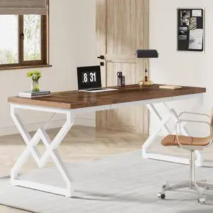 63 Inch Executive Desk, Large Office Desk with Metal Frame, Ergonomic Writing Desk Computer Workstation, Modern Wood Computer Desk for Home Office, Easy Assembly (Brown+White) 63 Inch Executive Desk, Large Office Desk with Metal Frame, Ergonomic Writing Desk Computer Workstation, Modern Wood Computer Desk for Home Office, Easy Assembly (Brown+White)
