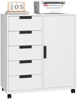 5-Drawer Metal Storage Cabinet with Adjustable Shelves and Wheels, Printer Stand with Storage, Craft Organizers and Storage Drawers, Rolling File Cabinets for Home Office(White) 5-Drawer Metal Storage Cabinet with Adjustable Shelves and Wheels, Printer Stand with Storage, Craft Organizers and Storage Drawers, Rolling File Cabinets for Home Office(White)