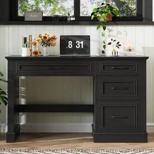 Farmhouse 47" Executive Desk with File Drawer, Computer Desk with 4 Drawers, Workstation for Study, Home Office, Writing,(Pure Black Farmhouse 47" Executive Desk with File Drawer, Computer Desk with 4 Drawers, Workstation for Study, Home Office, Writing,(Pure Black