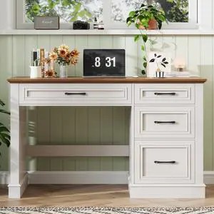 Farmhouse 47" Executive Desk with File Drawer, Computer Desk with 4 Drawers, Workstation for Writing, Study, Home Office, Unique White Farmhouse 47" Executive Desk with File Drawer, Computer Desk with 4 Drawers, Workstation for Writing, Study, Home Office, Unique White