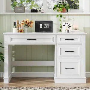Farmhouse 47" Executive Desk with File Drawer, Computer Desk with 4 Drawers, Workstation for Writing, Study, Home Office, Cream White Farmhouse 47" Executive Desk with File Drawer, Computer Desk with 4 Drawers, Workstation for Writing, Study, Home Office, Cream White