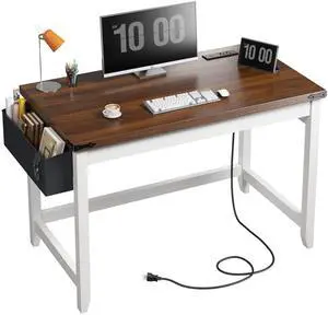 40 Inch Small Desk with Storage Bag Detachable, Writing Desk with Power Outlet, Modern Simple Home Vanity Desk for Small Spaces, Study Desk for Bedroom, Brown & White 40 Inch Small Desk with Storage Bag Detachable, Writing Desk with Power Outlet, Modern Simple Home Vanity Desk for Small Spaces, Study Desk for Bedroom, Brown & White