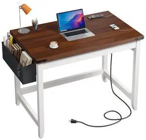 32 Inch Small Writing Desk with Power Outlet and Storage Bag, Student Desk for Bedroom and Dorm Room, Home School Desk for Teens, Brown & White 32 Inch Small Writing Desk with Power Outlet and Storage Bag, Student Desk for Bedroom and Dorm Room, Home School Desk for Teens, Brown & White