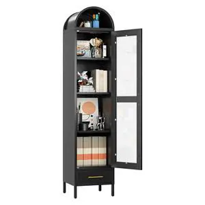 Metal Arched Display Cabinet with Glass Doors, Narrow Arched Bookcase with 3 Adjustable Shelves for Home Office, Assembly Required, Black Metal Arched Display Cabinet with Glass Doors, Narrow Arched Bookcase with 3 Adjustable Shelves for Home Office, Assembly Required, Black